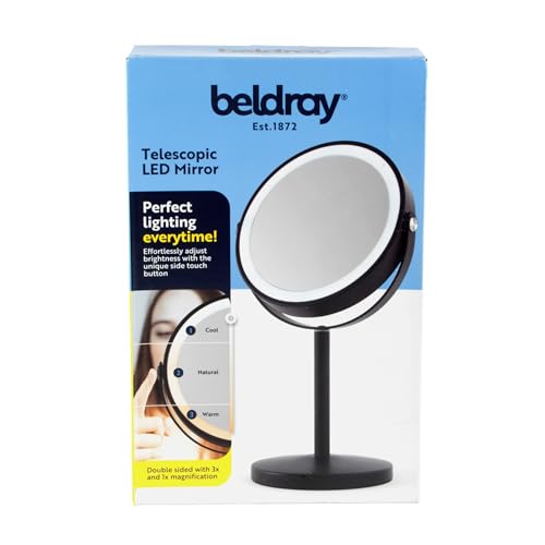 Beldray Rechargeable 7” Double Sided Makeup Mirror With Lights – 1X/3X Magnification Vanity Mirror, Height Adjustable, 3 Colour LED, Dimmable, 360° Swivel, Free Standing For Bathroom, Dressing Tables - Image 2