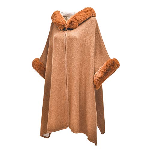 Image of ZLYC Women Winter Fashion Faux Fur Trim Layers Hooded Cardigan Warm Cape Sweater Cloak