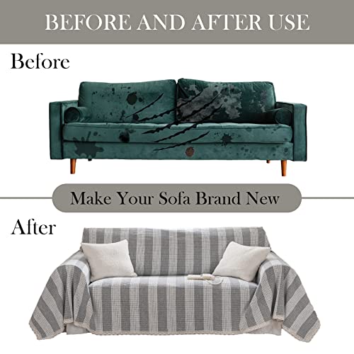 Handontime Gray White Striped Sofa Covers For 3 Cushion Couch Modern Simple Chenille Sofa Slipcover Covers Geometric Pattern Couch Cushion Covers For Loveseat Sectional Couch (Large, 71" X 134") #TOP4