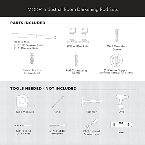 Mode Industrial Room Darkening Collection 1 1/8" Diameter Industrial Curtain Rod Set With Steel Wall Mounted Adjustable Curtain Rod, Blocks Light, Fits 36” To 72” Windows, Brushed Gold #TOP4