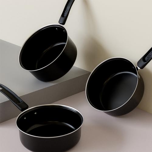 Image of EcoLuxe Saucepan Set of 3 for Tea Milk, Coffee, Chai Pan Induction Base and Gas T Pan (patila)|Tea /Milk Boiling Pot Vessel | Sospan with Bakelite Handle 950, 1200, 1600 ML Capacity 16cm, 17cm Black