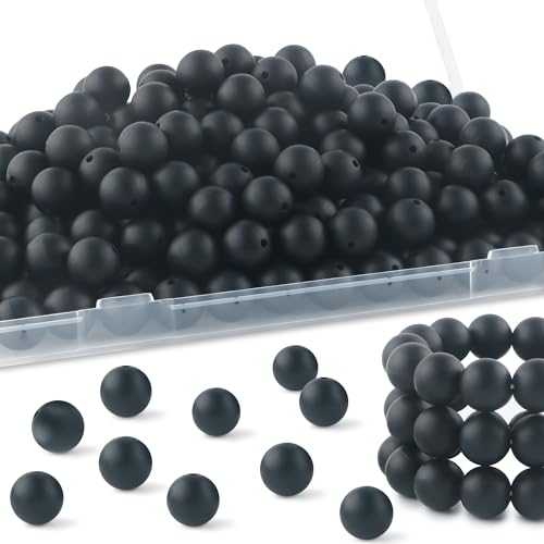 HHCFAST 150Pcs 15mm Silicone Beads for Keychain Making Bracelet Necklace, Bulk Round Silicone Beads for Pens?Black?