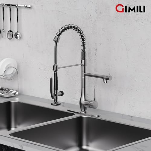 Image of GIMILI Black Stainless Kitchen Faucet with Pull Down Sprayer, Single Handle High Pressure Kitchen Sink Faucet, Commercial Double-Headed Stainless Steel Kitchen Faucet