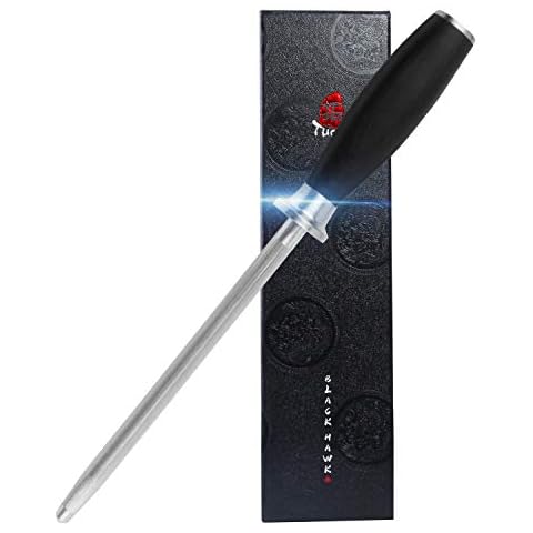 TUO Honing Steel Manual Knife Sharpener 8 inch German High Carbon Stainless Steel Sharpening Rod with Pakkawood Handle-Black Hawk Series Cover