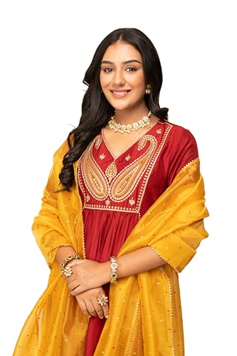 Image of FIORRA Women's Red Silk Blend A-Line Kurta with Palazzo and Dupatta