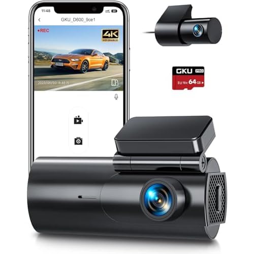 GKU Dash Cam Front and Rear Camera, 4K/2.5K Full Dashcams for Cars with 64GB SD Card, WiFi & App Control, Night Vision, Parking Mode, G-Sensor, Loop Recording,WDR,170° Wide Angle