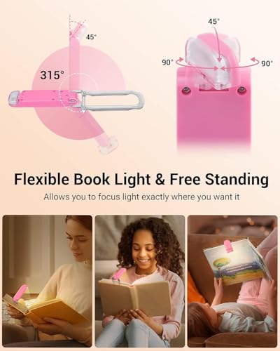 Image of Clip-On LED Book Lamp for Night Reading, USB Rechargeable Study Light for Students, 3 Brightness & Color Modes, Eye-Care Portable Foldable Reading Light for Bed & Travel (Pink)