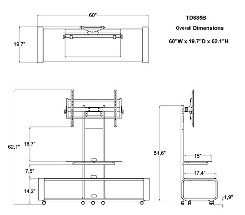 Transdeco Casters 35-85" Curved Wood Tv Stand With Mount, 60" W X 19.7" D X 62.1" H, Dark Oak/Black #TOP4