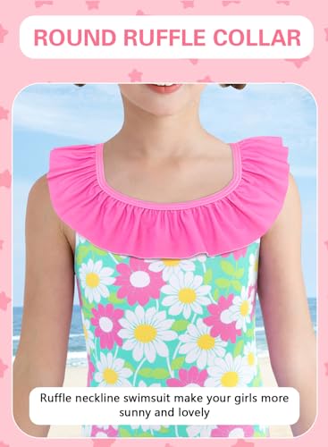 Image of XiaoMoSha Girls Swimsuits Ruffled Round Neck One Piece Bathing Suits Quick Dry UPF 50+ Summer Hawaii Swimwear for Kids 3-10T