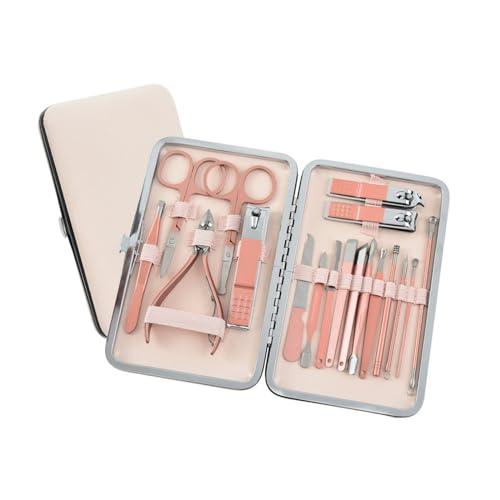 QUALITYLUX - Set Manicura y Pedicura Profesional, Acero Inoxidable, Incluye Estuche De Cuero, Kit Completo Cuidado Uñas, Kit Podología, Calidad Profesional Salón De Belleza (ROSA ORO 18 PIEZAS)