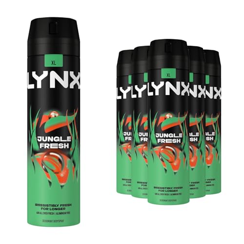 Lynx XL Body Spray Jungle Fresh 48H High Definition Fragrance with Sweat Protection Deodorant Spray for Men with Unique Scent of Palm Leaves and Amber, 200ml Pack of 6
