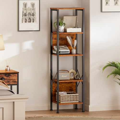 Furologee 61" Computer Desk and Bookshelf, Desk with Power Outlet and USB Ports, 5 Tier Tall Bookshelf with Back, Gaming Desk with Fabric File Cabinet and Monitor Stand, Rustic Standing Shelf