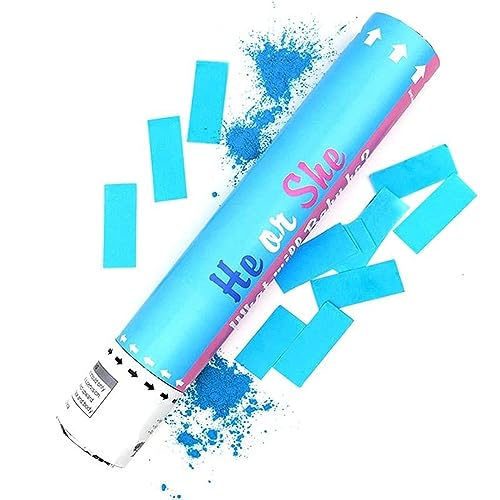 MARKQ [1 Pack] Blue Gender Reveal Confetti Cannon [30 cm] - Party Poppers with Safe Powder Smoke for Pregnancy Announcement and Baby Boy Gender Reveal Party
