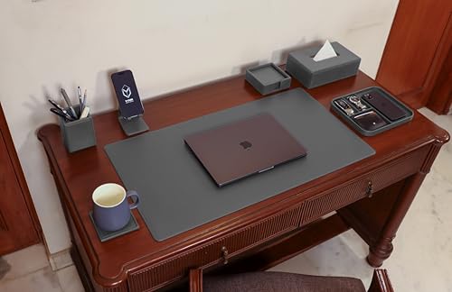 Image of V-CUBE Designs Premium Vegan Leather Executive Set of 6| Multipurpose Personal Desk Organizer| Desk Mat | Valet Tray| Tissue Holder | Pen Holder| Coaster | Mobile Stand for Office Table & Home - Grey