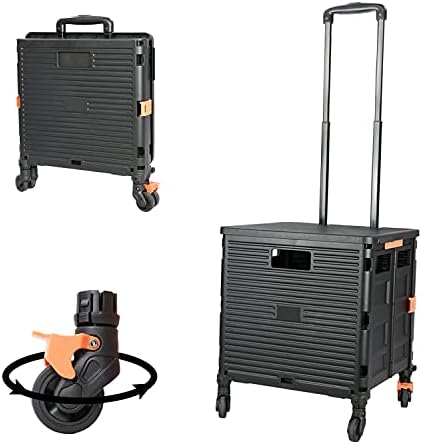 Foldable Utility Cart Folding Portable Rolling Crate Handcart with Durable Heavy Duty Plastic Telescoping Handle Collapsible 4 Rotate Wheels for Travel Shopping Moving Luggage Office Use (Black+Black)