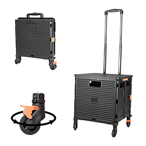 FELICON SELORSS Foldable Utility Cart Folding Portable Rolling Crate Handcart with Heavy Duty Telescoping Handle Collapsible 4 Rotate Wheels for Travel Shopping Move Luggage Office Use(Black+Black) by FELICON - Used condition - US$41.99