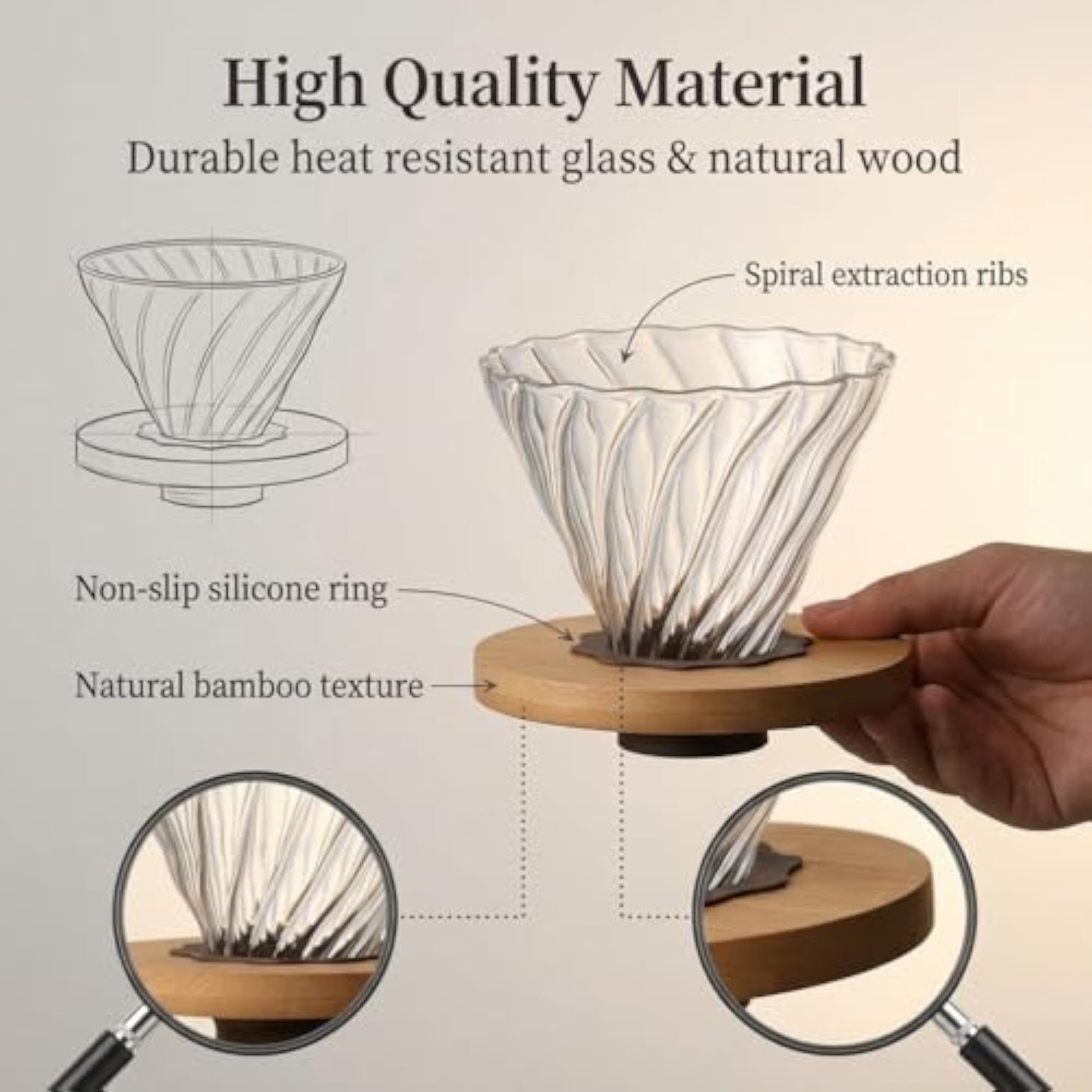 Pour Over Coffee Dripper for 1-2 Cups Bamboo Base