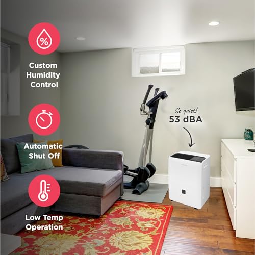 Image of Frigidaire 60-Pint Portable Dehumidifier with Built-In Pump for Large Rooms & Basements, Custom Humidity Control, Auto Shut Off, White