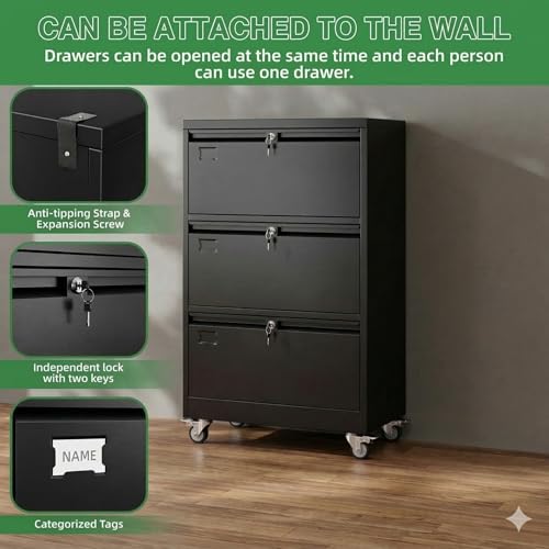 Aobabo 3 Drawer Lateral File Cabinet with Wheels, Lockable Metal Filing Cabinet for Home Office, Legal/Letter Size,Black,Required Assembled,15.87\" D x 28.94\" W x47.63 H