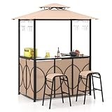 Tangkula 3-Piece Patio Bar Set, Grill Gazebo & 2 Bar Stools with Tempered Glass Bar Table, Metal Storage Shelves, Glass Holders, Double-Tier Soft Top Canopy BBQ Gazebo Shelter for Patio Garden (Brown)