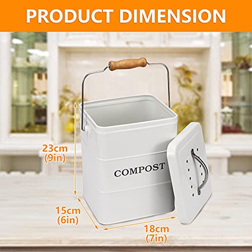 Compost Bin Kitchen Countertop Indoor Compost Pail Bucket, Great For Food Scraps, Carbon Steel, Handles, White, 1 Gallon - Includes Charcoal Filter #TOP6