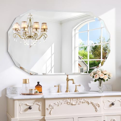 GLASHOM Frameless Bathroom Mirror, 30x48 inch Beveled Bathroom Mirror Wall