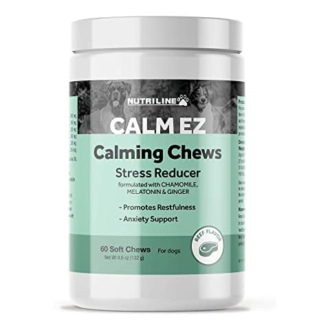 Nutriline Labs Calm EZ Calming Dog Chews - Calming Chews for Dogs with Chamomile, Melatonin & Ginger - Help Aid Stress Relief During Travel, Grooming, or Separation - Beef Flavor, USA Made, 60 Count Cover