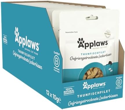 Applaws 100% natürliche Katzensnacks, gefriergetrocknetes Thunfischfilet - Packung mit 12 x 10g Beuteln