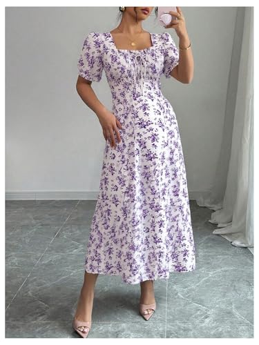 Image of Floerns Women's Floral Short Puff Sleeve Milkmaid Dress Boho A Line Long Dresses