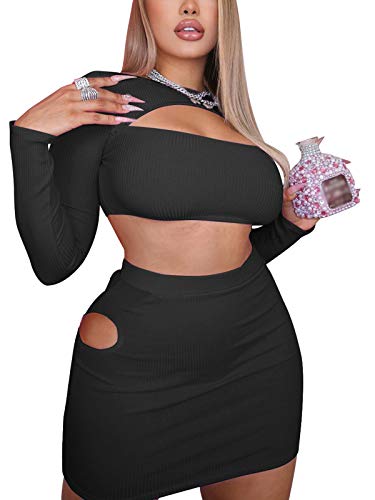 Women s Sexy Two Piece Outfits Long Sleeve Crop Top Skirt Set Bodycon Mini Club Dress Black XX-Large