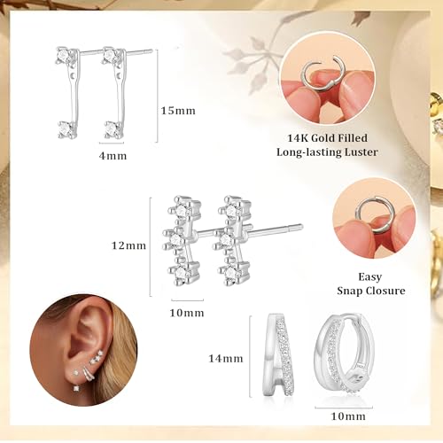 DORANA 3 Pair 925 Sterling Silver Studs Hoop Earrings Set for Women Hypoallergenic Silver Earring Stacks Small Stud Hoops Earrings Sets for Multiple Piercings Jewelry Gifts - Image 4