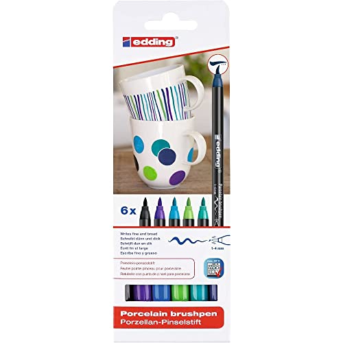 ceramic pen dishwasher safe - edding 4200 porcelain brush pen - black, violet, 3x blue, green, - 6 pens - brush nib 1-4 mm - painting and decorating ceramics, porcelain - dishwasher-safe, lightfast ink, quick-drying - felt-nib pen