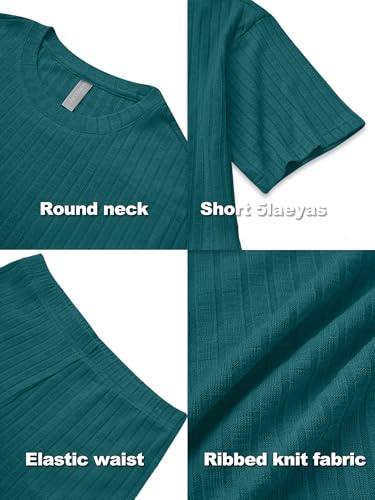 Image of NORACORA Pajamas 2 Piece Lounge Sets Ribbed Knit for Women Matching T-shirt Shorts Outfits Sleepwear