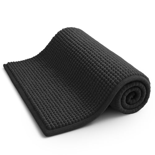 KEPLIN Non-Slip Microfibre Bath & Toilet Mat - Soft Plush & Comfortable Rug with Machine Washable Design - Water Absorbent & Quick Drying to Keep Bathroom & Home Hygienic & Clean - (40x60cm) Black