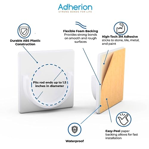 Adherion Adhesive Shower Curtain Rod Holders No Drilling | Waterproof Shower Rod Holders For Wall | Tension Rod Bathroom Wall Mount | White | Shower Curtain Holder | White 2 Pk | Shower Rod Not Incl | #TOP4