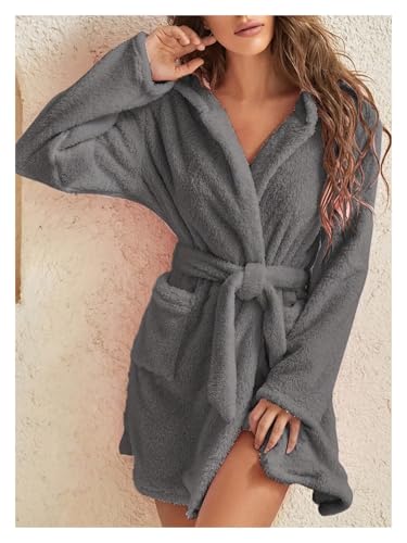Bata con capucha mujer pijama forro polar cinturón ropa de casa otoño invierno 5