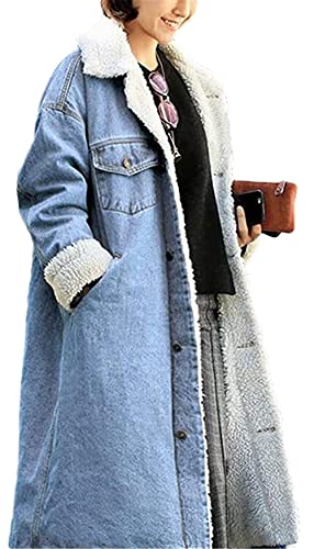 CHARTOU Women's Thicken Loose Sherpa Fleece Lined Button Down Long Denim Jacket Overcoat2