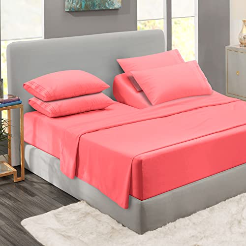 Clara Clark Flex Top King Sheets, 6 Piece Set - Hotel Luxury Sheets for Top Split King Bed, Super Soft Bedding Sheets & Pillowcases, Head Split King Sheets, Coral Pink