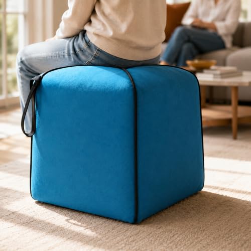 Image of FURNY Signature Regalia Suri Accent Pouf | Boston Fabric | 40D High-Density Foam | (Ocean Blue) | Footrest, Vanity Ottoman & Accent Seat for Home, Office & Hotel