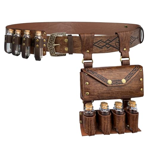 EpicCos 3 PCs Medieval Alchemy Belt Waist Pack Combo with Multiple Potion Bottles Viking Rivet Belt Side Pouch for Cosplay (Brown C)