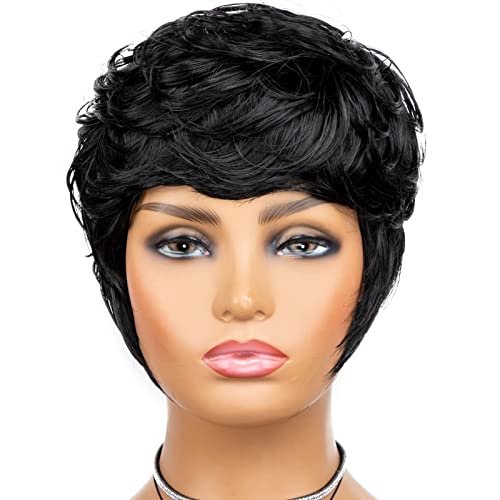 Short Pixie Cut Wigs For Black Women,Black Pixie Cut Wig, Boy Cut Wigs For Black Women, Synthetic Cute Pixie Cut Wig Short Curly Layered Pixie Wig ,Natural Wavy Curly Pixie Wig,Pixie Cut Synthetic Wigs For Black Women (Black, 4-6) #TOP1