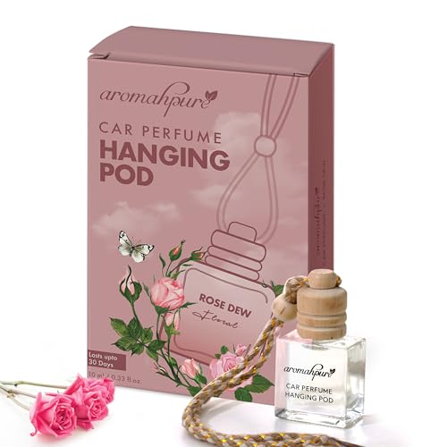Image of Aromahpure Premium Car Perfume Hanging Pod |10 ML |Rose Fragrance Car Air Freshener |Natural Essential Fragrance Oils in Glass Bottle with Wooden Diffuser Lid |Last upto 30 Days, IFRA certified