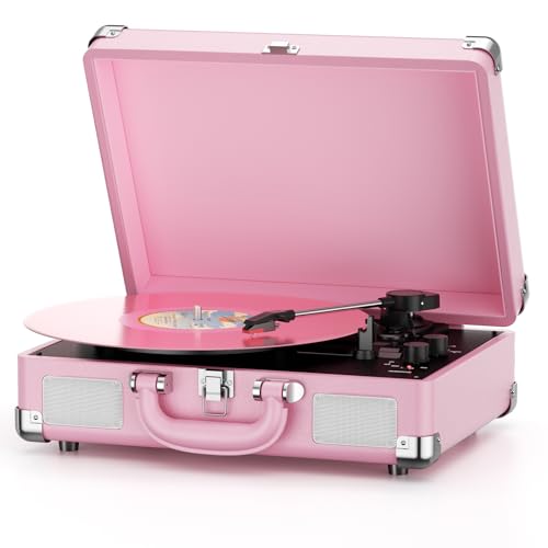 Vinyl Record Player 3-Speed Bluetooth Suitcase Portable Belt-Driven Record Player with Built-in...