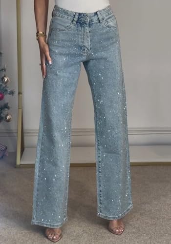 Famnbro Womens Rhinestone Jeans Baggy Y2K High Waisted Straight Wide Leg Sparkly Bling Glitter Denim Pants2
