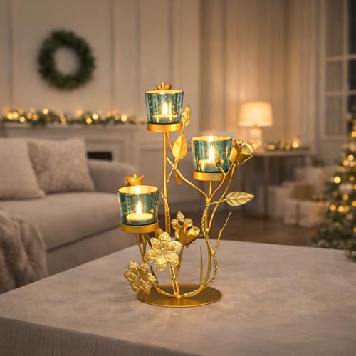 Image of MARKET 99 Metal + Glass 3 Votive T-Light Holder Flower Shape | Golden & Blue Decorative Candle Holder for Christmas, Diwali, Weddings, Parties & Festive Home Decor | Stylish Tealight Stand