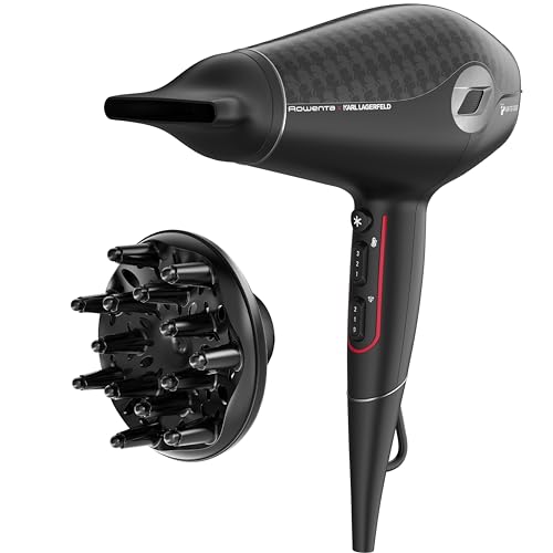 Rowenta x Karl Lagerfeld Glow Addict Secador de pelo de 2400 W, tecnología híbrida y motor DC, 6 ajustes temperatura, revestimiento keratina, golpe aire frío, difusor y boquilla concentradora, CV613L