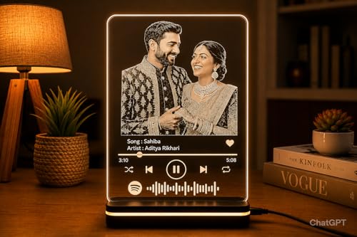 Image of Customized Photo and song Engraved LED Plaque | Personalized Printed Frame with scannable code (Transparent, Acrylic, 6 * 8 Inches) Tabletop