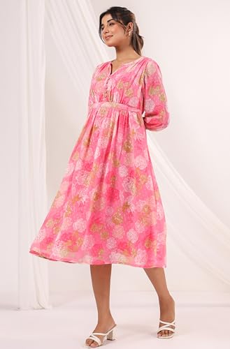 Image of Janasya Women's Georgette Floral Printed Flared Dress
