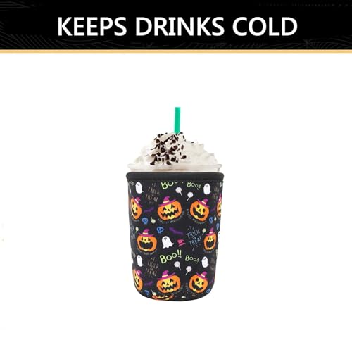 Image of YR Reusable Neoprene Insulator Sleeve for Iced Coffee Cups, 3 Pack Coffee Coolies sleeves for Iced & Hot Drinks, Cold Beverage Cooler Compatible with Starbucks Coffee and More (Halloween Boo)