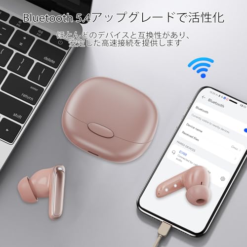 イヤホン bluetooth ワイヤレスイヤホン【2025最新ブルートゥースイヤホン】Bluetooth5.4 AIスマート ENC通話ノイズキャンセリング Hi-Fi音質 AAC対応 LEDディスプレイ 快適装着感 自動ペアリング 最大48時間再生 IPX7防水 接続瞬時 タッチ操作 Type-C急速充電 iOS/Android適用 WEB会議通勤/通学/スポーツ/音楽/ゲーム(ローズゴールド)